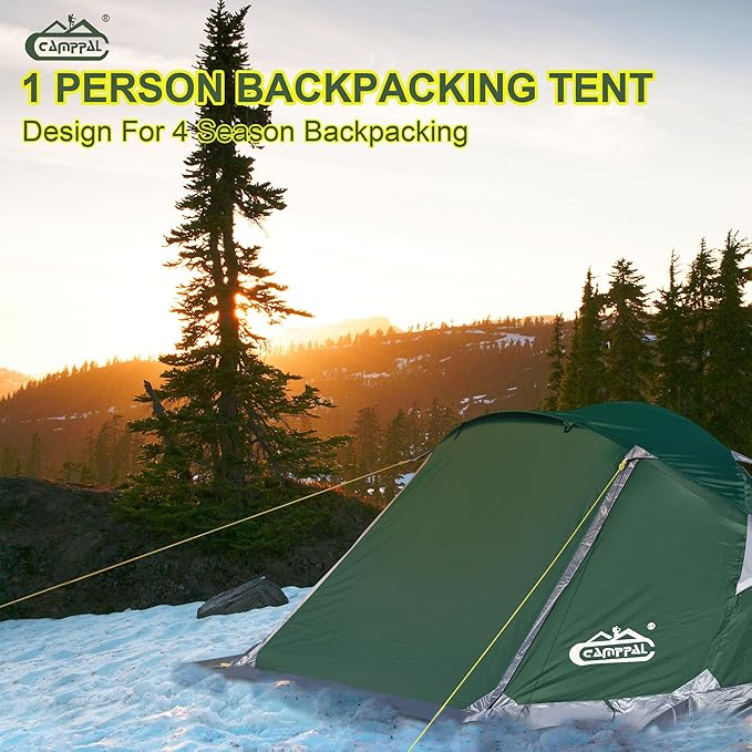 1 Person Backpacking Tent, Waterproof 4 Season Tent, Lightweight Cold Weather Tent Easy Setup for Winter Hiking, Camping, Hunting
