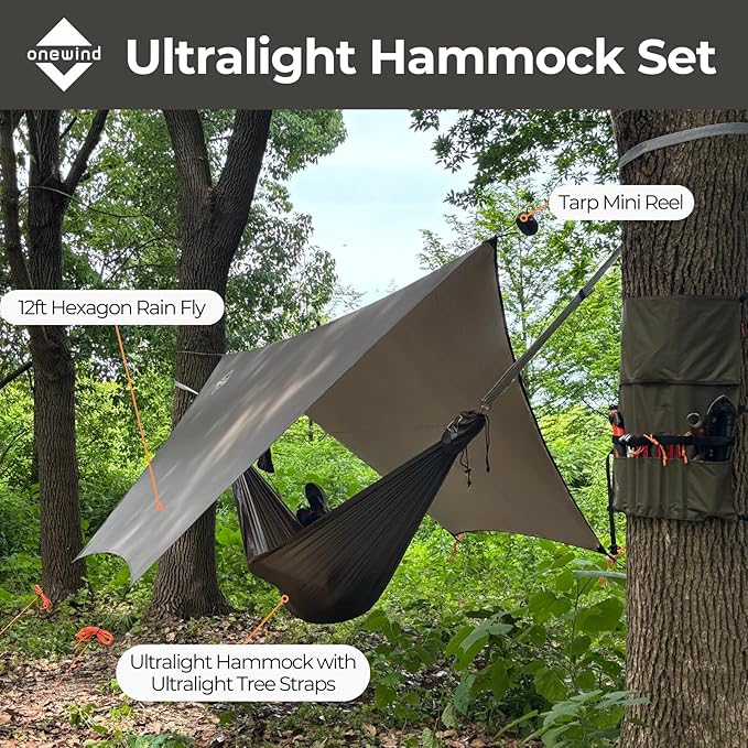 Onewind 12×10 ft Hexagon Hammock Rain Fly, Waterproof Lightweight and Durable Silnlyon Camping Hammock Tarp for Backpacking and Hiking, Complete Accessories, OD Green