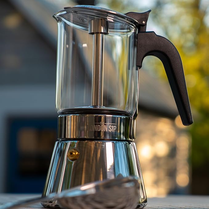 London Sip Glass and Stainless Steel Stovetop Espresso Maker Moka Pot Italian Coffee Percolator, Glass, Medium (10.14 oz)