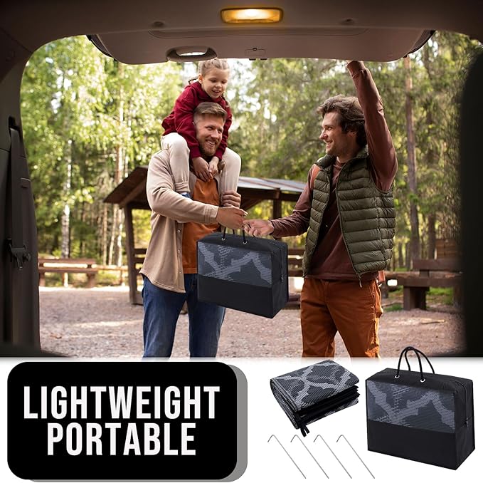 OLANLY Reversible Outdoor Rug 6x9 ft Clearance, Waterproof Outdoor Plastic Straw Rug with Interlacing Pattern, RV Mat for Patio, Camping, Balcony, Deck, Backyard, Black & Grey