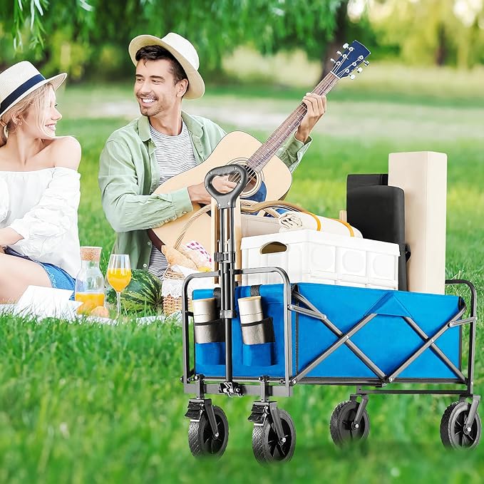 Collapsible Wagon Cart Foldable, 35" L Folding Beach Wagon with All-Terrain Wheels, Shopping Cart with 350lbs Capacity, Portable Camping Wagons Carts for Grocery Garden and Sports, Modern Blue