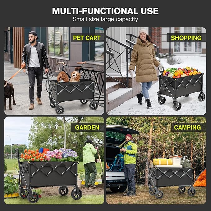 Foldable Collapsible Wagon Cart with 150L Large Capacity, Utility Beach Wagons Carts Heavy Duty, Portable Folding Wagon with All-Terrain Wheels for Grocery Gardening Sports Shopping Fishing (Black)
