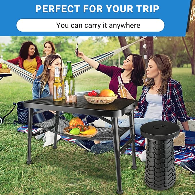 Portable Folding Table and Stool Set, Lightweight Foldable Table & Collapsible Stool for Camping Picnic Beach Fishing, Sturdy Small Outdoor Table with Mesh Layer Storage