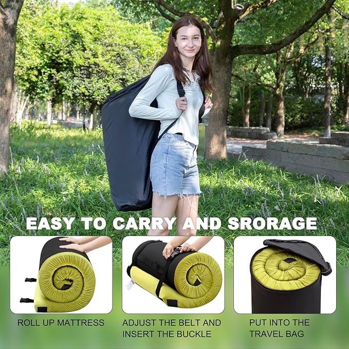 Memory Foam Camping Mattress Sleeping Pad, 3" Thick Waterproof Portable Roll Up Sleeping Mats & Floor Mattress Pad with Pillow + Travel Bag for Camping Car Truck SUV Tent Sleepover Kids Adult