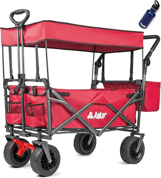 Collapsible Canopy Wagon - Heavy Duty Utility Outdoor Garden Cart - with Adjustable Handles , for Shopping, Picnic, Camping, Sports - Red