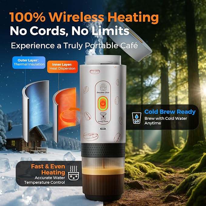 Portable Espresso Machine, 3-in-1 Travel Coffee Maker with Self-Heating, Battery Operated 20Bar Wireless Portable Espresso Maker Compatible with Ground Coffee & Capsule for Camping, Car, Office