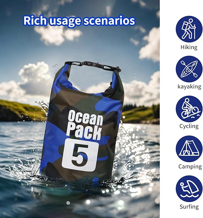 Dry Bag Waterproof for Women Men,10L Rolled Lightweight Dry Storage Bag Backpack with Phone Case for Travel,Swimming,Boating, Kayaking,Camping & Beach,Blue