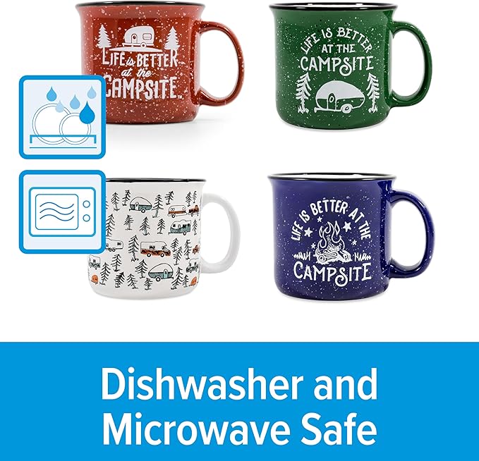 Camco Life is Better at The Campsite Ceramic Coffee Mug 4-Pack - Microwave and Dishwasher Safe - Features Camping & RVing Designs - Coffee Cups Holds 14oz. (53357)