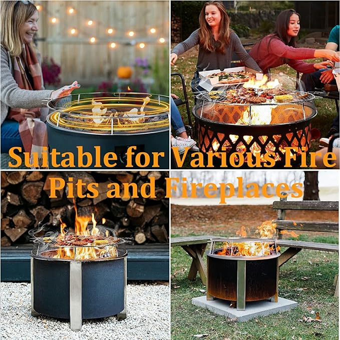 Fire Pit Spark Shield Cover for Solo Stove Bonfire, 304 Stainless Steel Spark Screen for 19.5 Inch Solo Stove Bonfire, Firepit Lid with Cooking Grate & Guild Stick for Outdoor Patio Fire Pits Backyard
