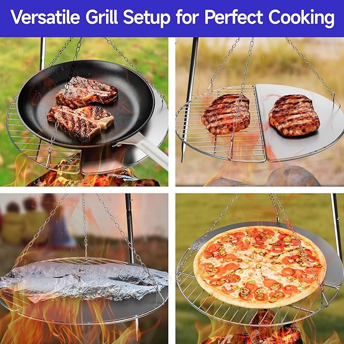 Tripod Cooker Campfire, Grill Grate with Adjustable Height for Cooking Over Fire & Collapsible Legs for Easy Storage
