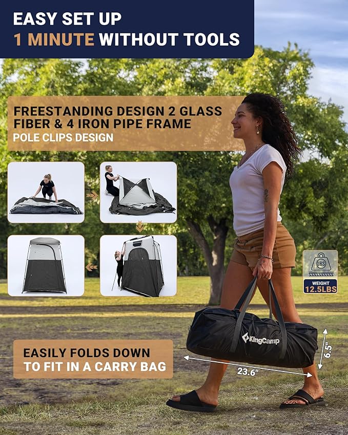 KingCamp Camping Shower Tent, Portable Outdoor Privacy Toilet & Changing Tent Windproof & Waterproof Easy Setup 1 or 2 Room Shelter with Shower Bag for Camping Hiking Beach