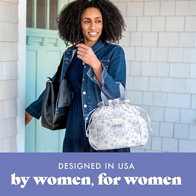 Fit & Fresh Lunch Bag For Women, Insulated Womens Lunch Bag For Work, Stain-Resistant Large Lunch Box For Women With Containers, Cinch Closure Cromwell Bag, Cornflower Floral Toile