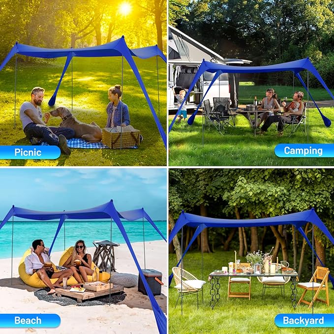 BOTINDO Family Beach Tent Canopy Sun Shade, Pop Up Grande Beach Tent Sun Shelter Stability 4 Poles with Portable Carry Bag Outdoor Shade for Fishing Backyard Camping (Blue, 10x10FT 4Pole)