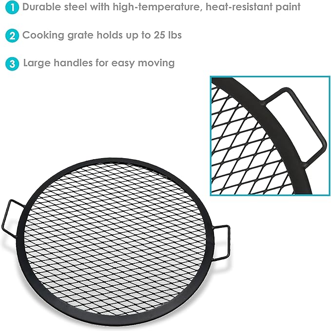 Sunnydaze X-Marks Fire Pit Cooking Grate - Outdoor Round Black Steel BBQ Campfire Grill with Handles - 22-Inch