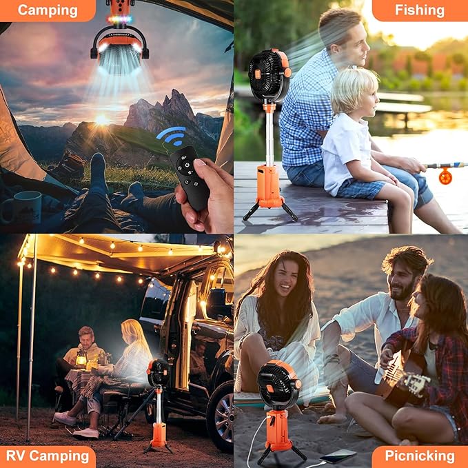 Odoland 20000mAh Camping Fan with Lantern, 360° Oscillation Table Fan with Remote & Hook, Rechargeable Battery Operated Outdoor Power Fan with Light for Camp, Family Travel and Jobsite, Orange