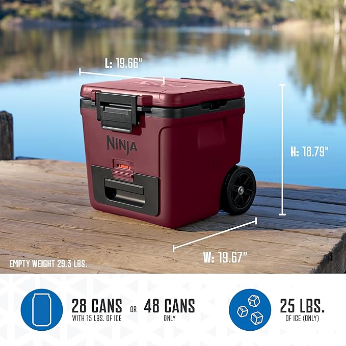 Ninja | Cooler | FrostVault 30QT Cooler with Wheels | Insulated with Temp Dry Storage Drawer | Keeps Ice Cold for Days | for The Beach, Camping, Picnics & More | Canyon Red | FB230MR