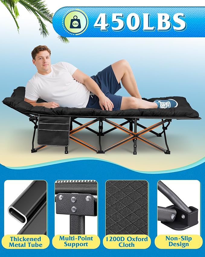 WLIVE 1200D Double Layer Oxford Camping Cots for Adults, Folding Cots for Sleeping with Mattress, Outdoor Folding Bed with Carry Bag, Portable Camping Bed for Sleeping, Resting, Camping, Black