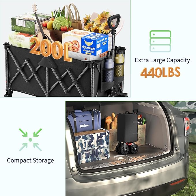 200L Collapsible Wagon Carts with Wheels, Feelnais Large Foldable Wagons for Grocery Shopping Beach Camping, Folding Garden Wagon Cart Heavy Duty