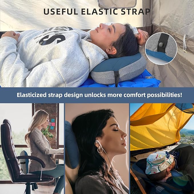 Inflatable Camping Pillow Ultralight Adjustable Firmness, TPU Travel Pillow for Neck & Lumbar Support, Hiking, Backpacking, Airplane, Car Travel & Beach with Removable Washable Cover (Blue)