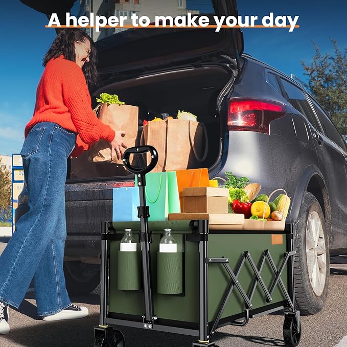 Collapsible Wagon Cart Foldable with 220lbs Weight Capacity, Lightweight Portable Folding Grocery Shopping Cart with Wheels for Camping Sports Beach and Shopping, ArmyGreen