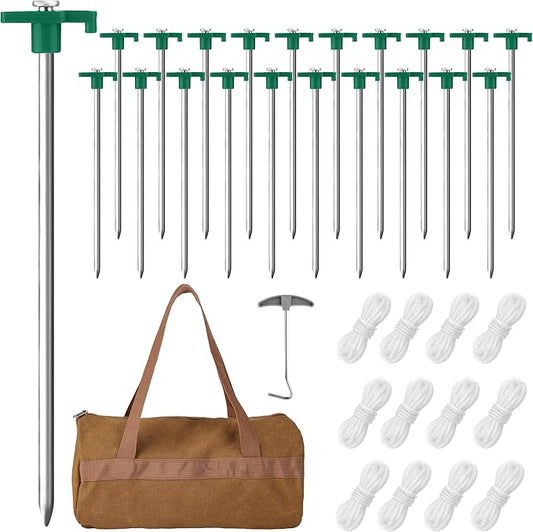Aodaer 24 Pack Tent Stakes Heavy Duty Tent Pegs 10.25 Inch Non-Rust Metal Yard Stakes with 4x10ft Ropes and Storage Bag Inflatable Stakes for Gardening & Canopies, Camping Halloween Christmas, Green