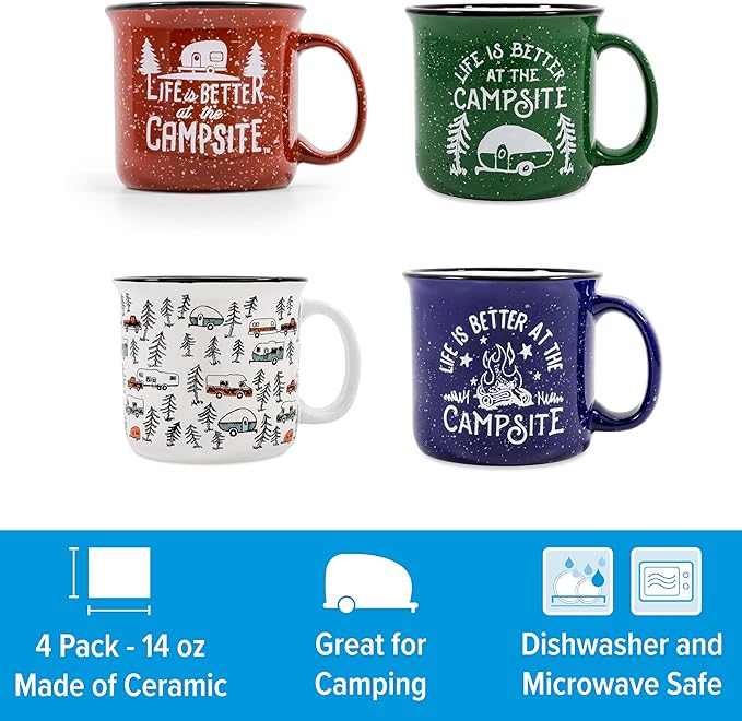 Camco Life is Better at The Campsite Ceramic Coffee Mug 4-Pack - Microwave and Dishwasher Safe - Features Camping & RVing Designs - Coffee Cups Holds 14oz. (53357)
