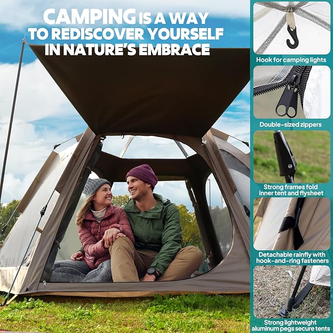 Chihee Camping Tents Pop Up Hexagonal Tent Easy Setup Instant PU Coated Polyester Family Cabin with Rainfly Waterproofing UV Protection Winproof Outdoor Shelter 2 Doors 4 Windows Mesh Ventilation