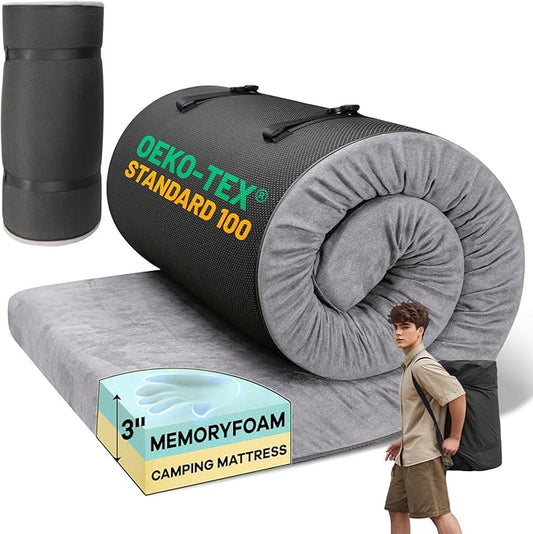 Memory Foam Camping Mattress Pad, Portable Roll Up Pads for Adults, Sleeping pad for Camping Bed, Car Bed Mat with Travel Bag- Grey
