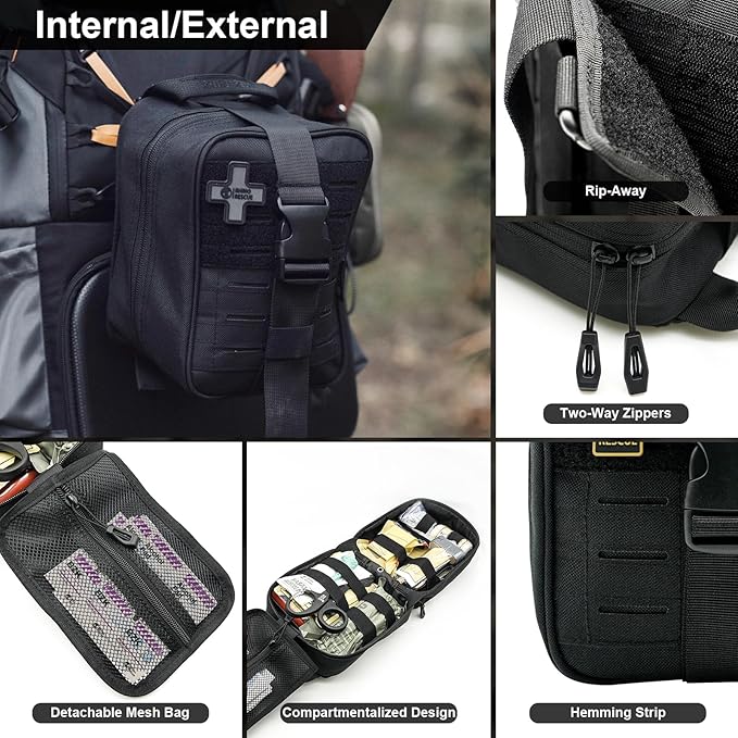 RHINO RESCUE IFAK Trauma Kit with C-A-T Tourniquet, Tactical First Aid Kit Molle Pouch for Military, Combat, Car, Camping, Hiking, Travel, FSA HSA Eligible (Red)