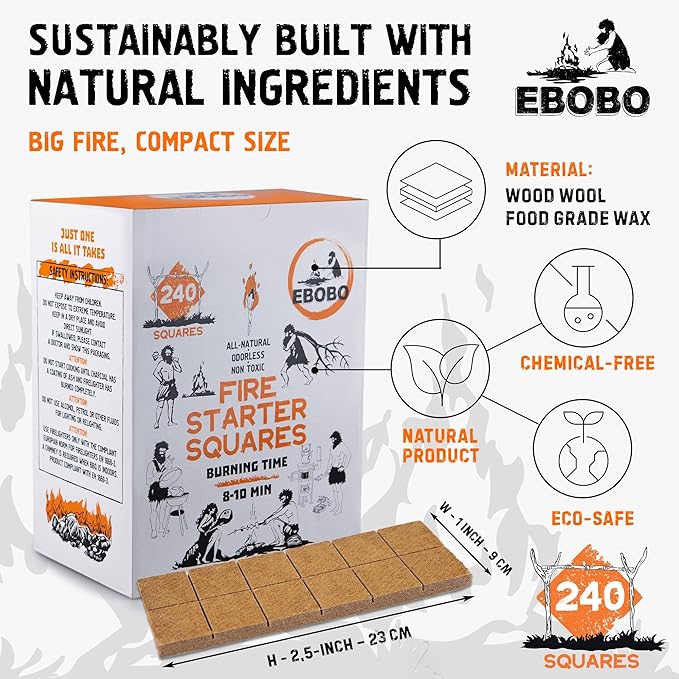 240 pcs Fire Starter Cubes for Fireplace, Wood Stove, Charcoal Grill, BBQ, Fire Pit & Smoker β Wax-Based, Odor-Free, Lights Fast β No Prep, No Mess