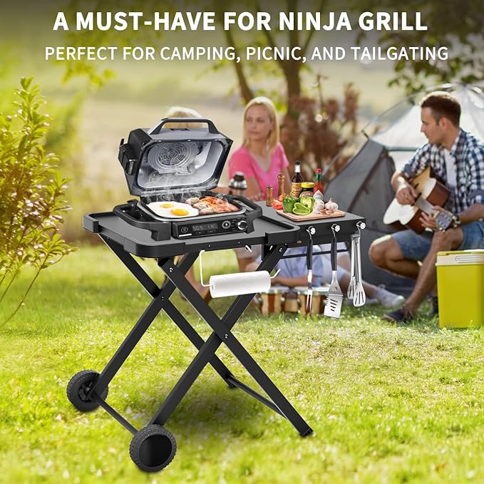 Apromise Grill Stand for Ninja Woodfire OG700/OG800/OG900 Series, Pro XL, and OO101 Pizza Oven, Compatible with Blackstone 17" Griddle, Portable Outdoor Grill Table with Wheels & Side Shelf