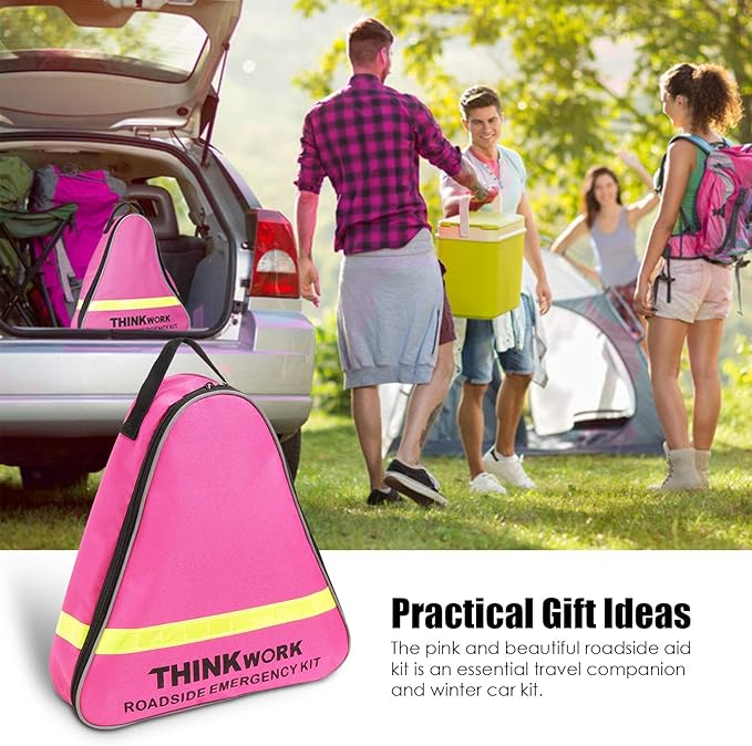THINKWORK Car Emergency Kit for Teen Girls and Lady's Gifts, Pink Emergency Roadside Assistance Kit with 10FT Jumper, First Aid Kit, LED Flare, Deer Whistles, and More Ideal Pink Accessories Tool