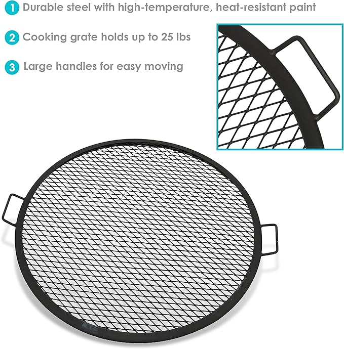 Sunnydaze X-Marks Fire Pit Cooking Grate - Outdoor Round Black Steel BBQ Campfire Grill with Handles - 30-Inch