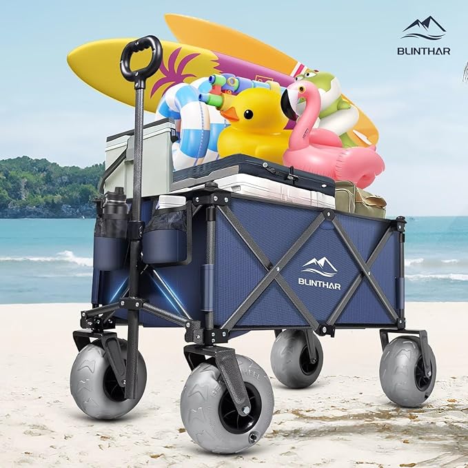 Beach Wagon, Heavy Duty Collapsible Folding Wagon with All-Terrain 9" Pneumatic Tires & Drink Holders, Utility Grocery Wagon for Garden Sports Camping Outdoor Activities