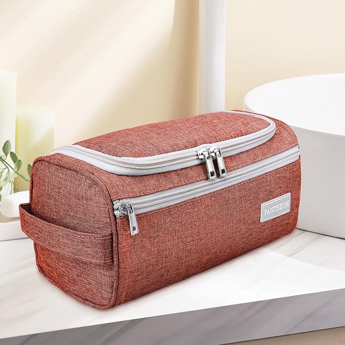Pantheon Men's Toiletry Bag - Travel Toiletry Bag Wash Bag Hanging Dopp Kit Shaving Kit for Bathroom Shower - Mens Travel Bag Hanging Toiletry Organizer Toiletry Kit for Traveling (Brick Red)