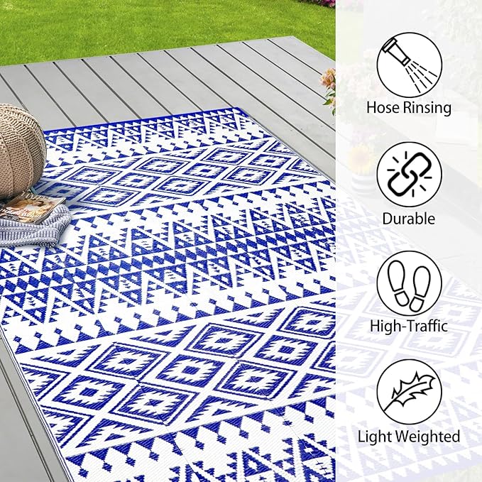 Outdoor Rug Mat for Patio, 6x9ft Waterproof Reversible Plastic Straw Rugs, Camping Carpet Area Mats for RV, Porch, Deck, Backyard, Balcony, Camper, Trailer, Blue & White