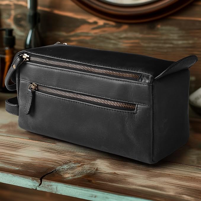 LEATHER VILLAGE Premium Leather Travel Toiletry Bag - Unisex Water-Resistant Travel Dopp Kit, Shaving & Cosmetic Organizer for Men & Women - Compact Bathroom Essentials - Distressed Black