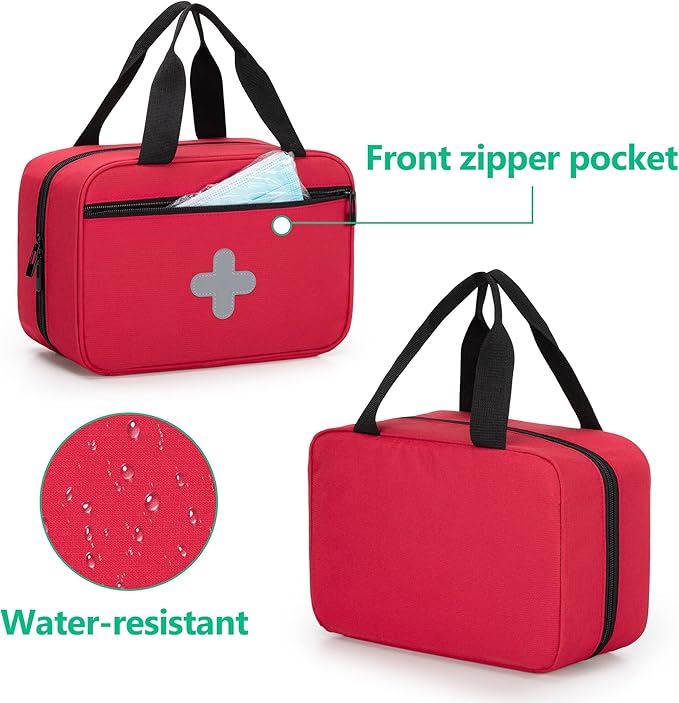 CURMIO Small First Aid Bag, Empty Emergency Trauma Kit Organizer Bag for Hiking, Camping, Car, Travel, Home and Outdoor, Red, BAG ONLY, Patent Pending