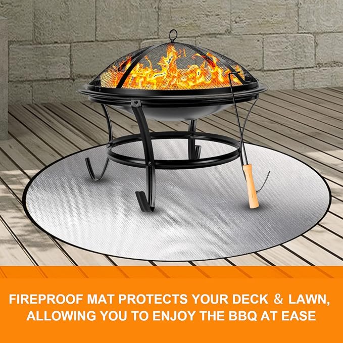 DocSafe 36" Round Fireproof Fire Pit Mat Grill Mat,Heat Insulated 4 Layers Indoor Fireplace Pad Protector for Patio,Deck,Grass,Lawn,Oil-Proof and Reusable and Waterproof,Easy to Clean,Black&Silver