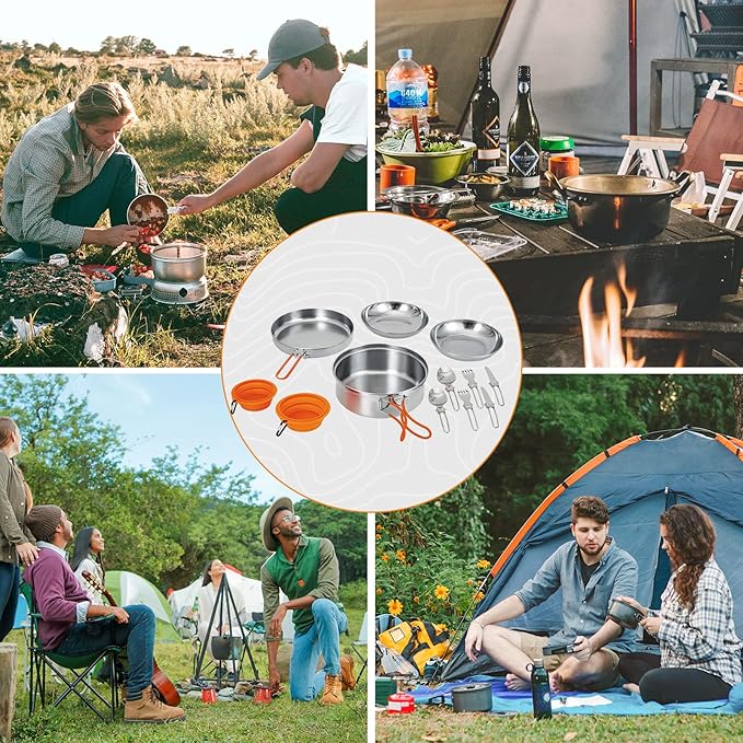 KingCamp Camping Cookware, Lightweight Cook Set Non-Stick Stainless Steel Essentials Mess Kit with Pot Pan Cups Plates Forks Knives Spoons for Camping Backpacking Outdoor Picnic