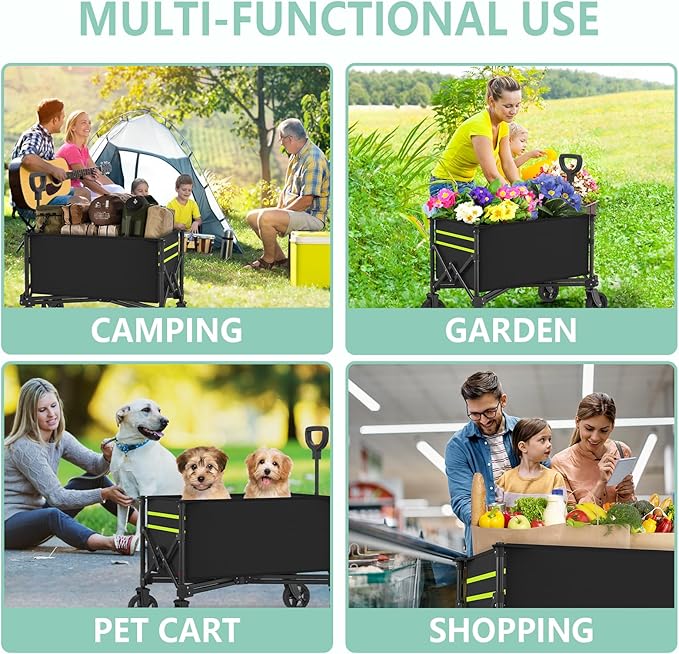 Collapsible Folding Outdoor Utility Wagon, 120L Beach Wagon Cart with All Terrain Wheels, 225lbs Heavy Duty Foldable Grocery Wagon for Camping Garden Shopping Sports