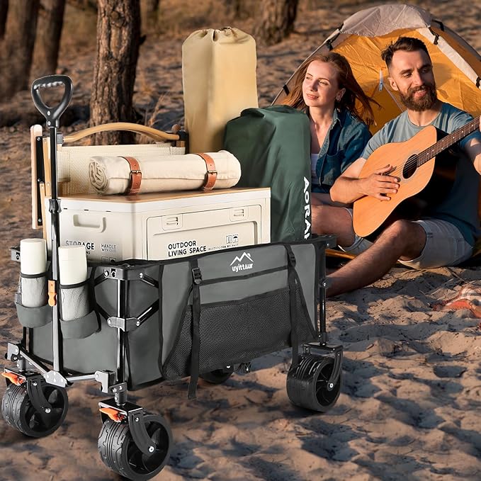 Collapsible Wagon Cart Heavy Duty Foldable, Folding Beach Wagon with Big Wheels for Sand, Utility Grocery Cart with Side Pocket and Brakes for Camping Sports Outdoor Activities, Grey