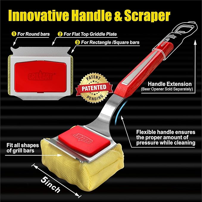 GRILLART Grill Brush Bristle Free. SteamWizards BBQ Replaceable Cleaning Head, Unique Seamless-Fit Scraper Tool for Cast Iron/Stainless-Steel Grates, Safe Barbecue Grill Cleaner-Red