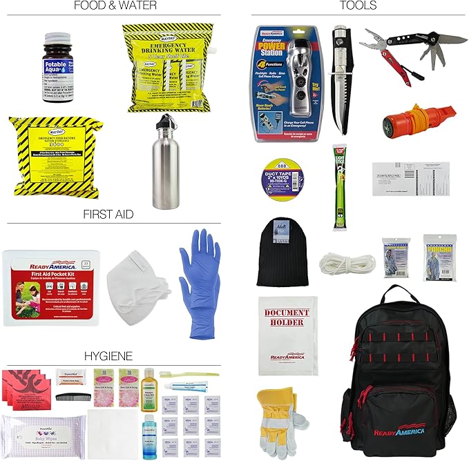 Ready America 72 Hour Elite Emergency Kit, 1-Person, 3-Day Backpack, Includes First Aid Kit, Survival Blanket, Emergency Food, Portable Disaster Preparedness Go-Bag for Earthquake, Fire, Flood
