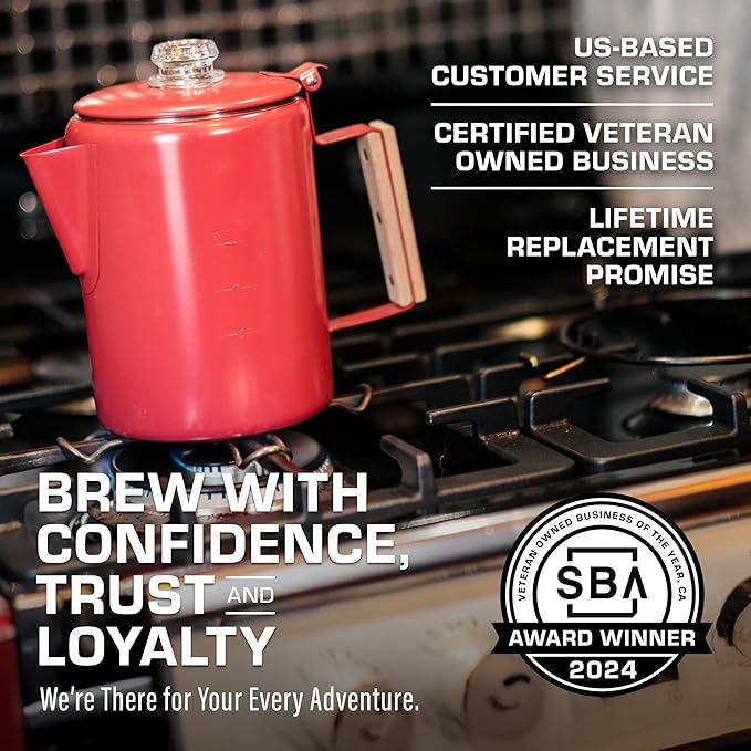 COLETTI Bozeman Camping Coffee Pot — Camping Coffee Makers, Coffee Percolator – America's Sleekest Percolator – NO Aluminum or Plastic (Red)