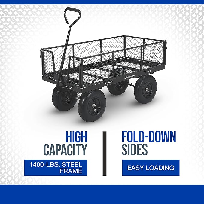 Strongway Steel Yard Cart Jumbo Garden Wagon with Removable Sides 1400-Lb. Capacity, 50in.L x 24.1in.W x 26.75in.H Black