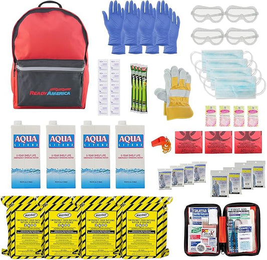 Ready America 70380 72 Hour Emergency Kit, 4-Person, 3-Day Backpack, Includes First Aid Kit, Survival Blanket, Emergency Food Portable Disaster Preparedness Go-Bag for Earthquake, Fire, Flood