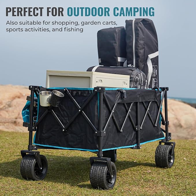 FUNDANGO 600lbs Collapsible Wagon, Foldable Beach Wagons Heavy Duty Garden Cart with Brakes, Side Pockets & All-Terrain Big Wheels for Sports Camping Shopping Groceries, Black/Blue