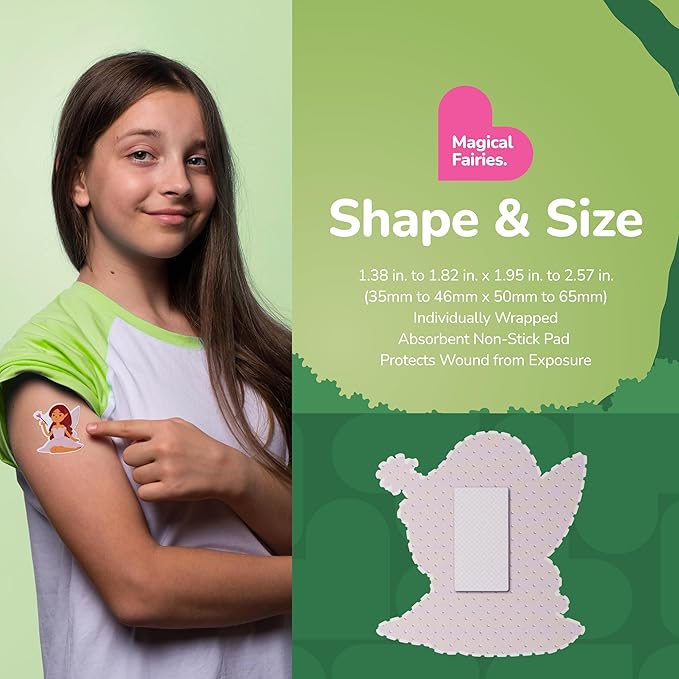 BioSwiss Bandages, Magical Fairies Shaped Self Adhesive Bandage, Latex Free Sterile Wound Care, Fun First Aid Kit Supplies for Kids and Adults, 50 Count