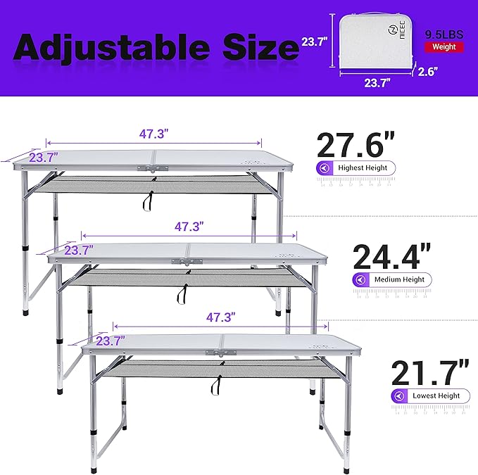 Nice C Card Small Table, Adjustable Height Folding Table, Picnic, Camping, Outdoor, Portable Lightweight Aluminum, with Carry Handle for Beach, Indoor, Office (Large)